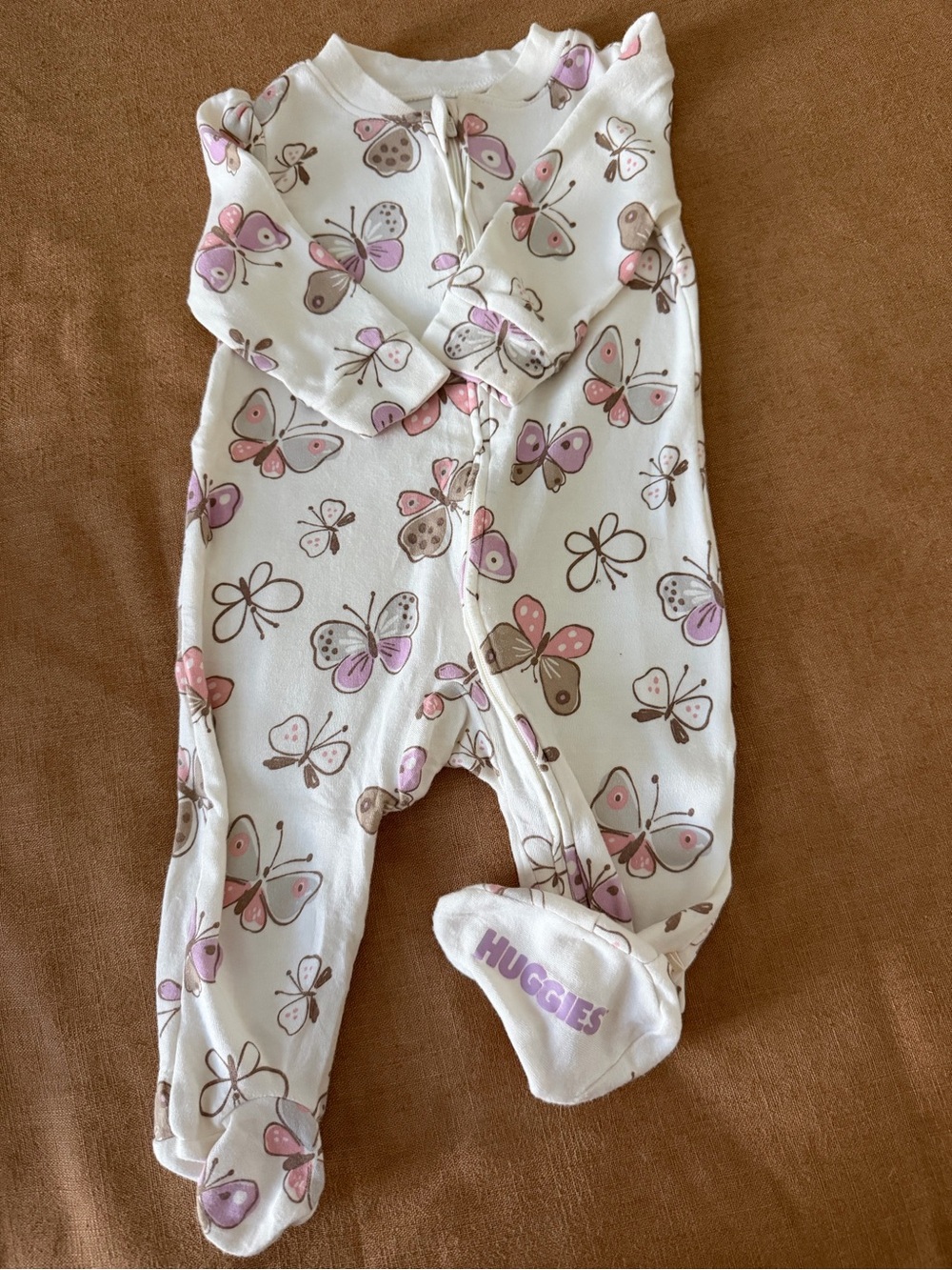 Butterfly Print Footed One-Piece in White with Pink & Brown Accents